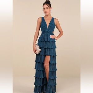 Beauty Icon Dark Teal Satin Pleated Tiered Lace-Up Maxi Dress